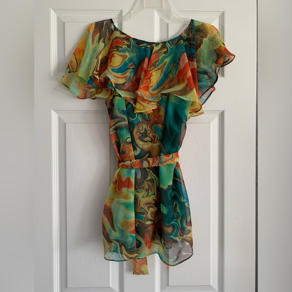 Women’s Blouse 7 Wonders Bright Colorful Swirl Design Sheer Size Small